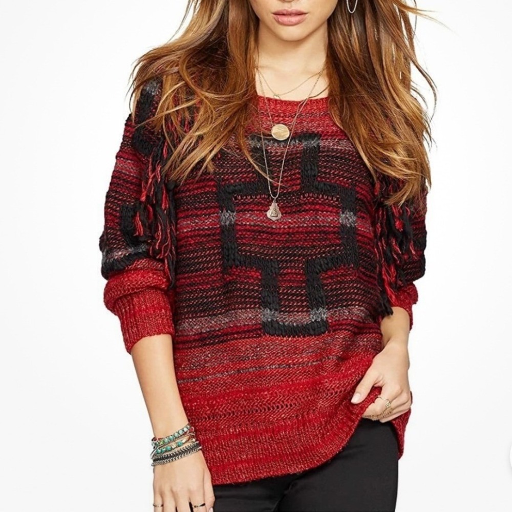 Denim & Supply Ralph Lauren Fringed Wool Mohair Aztec Cross Sweater Red Black M